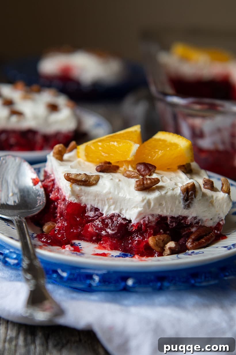 A spoon delicately resting on a plate of vibrant Raspberry Cranberry Jello Salad, with a small bite taken out, showcasing its inviting layers and texture.