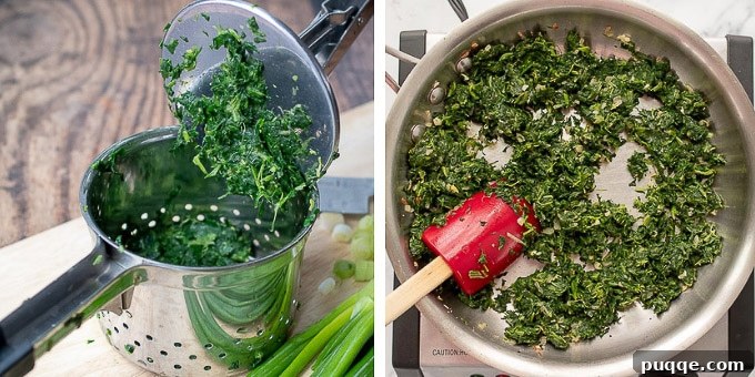 Seasonal Vegetable Harvest Tart 5 Images showing how to expertly squeeze spinach dry using a potato ricer and then sauté the filling ingredients for the vegetable tart.