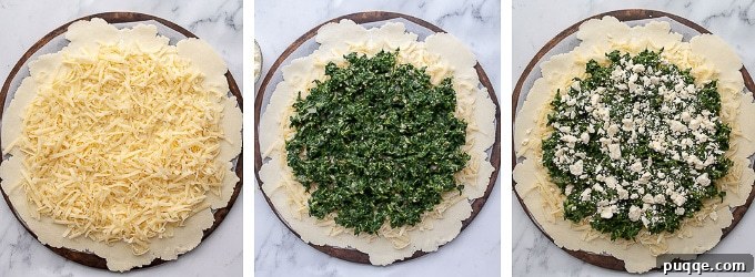 Seasonal Vegetable Harvest Tart 7 Images illustrating the assembly process of a savory vegetable tart, from layering cheese and spinach to folding the crust for a beautiful finish.