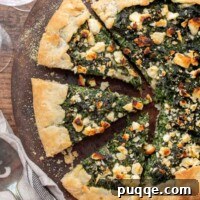 An overhead shot of vegetable tart cut into slices, showcasing its golden crust and vibrant filling.