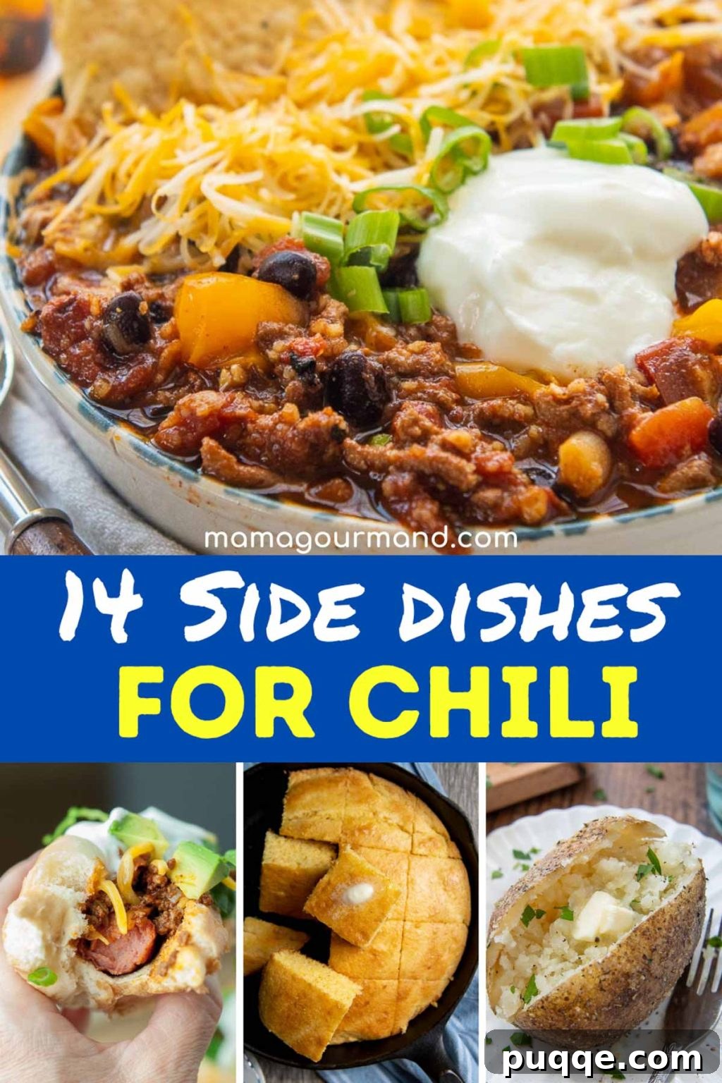 A collage of images featuring various delicious chili side dishes