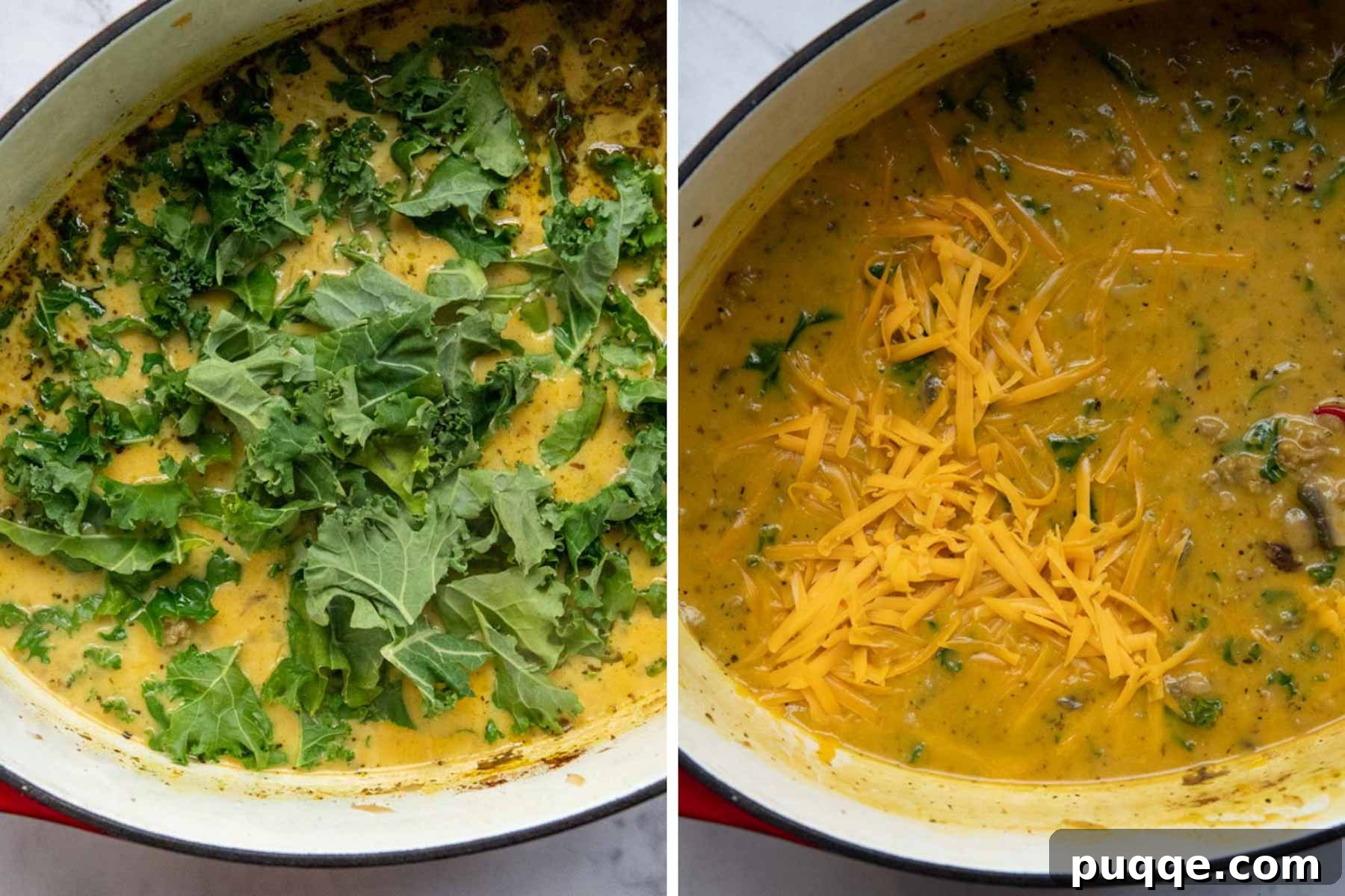 images showing adding the kale and cheddar 