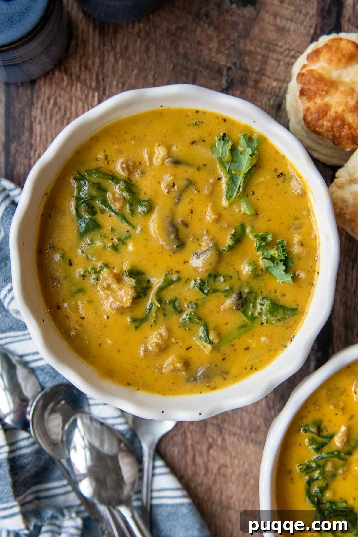 overhead shot of pumpkin soup with sausage and kale in a white bowl
