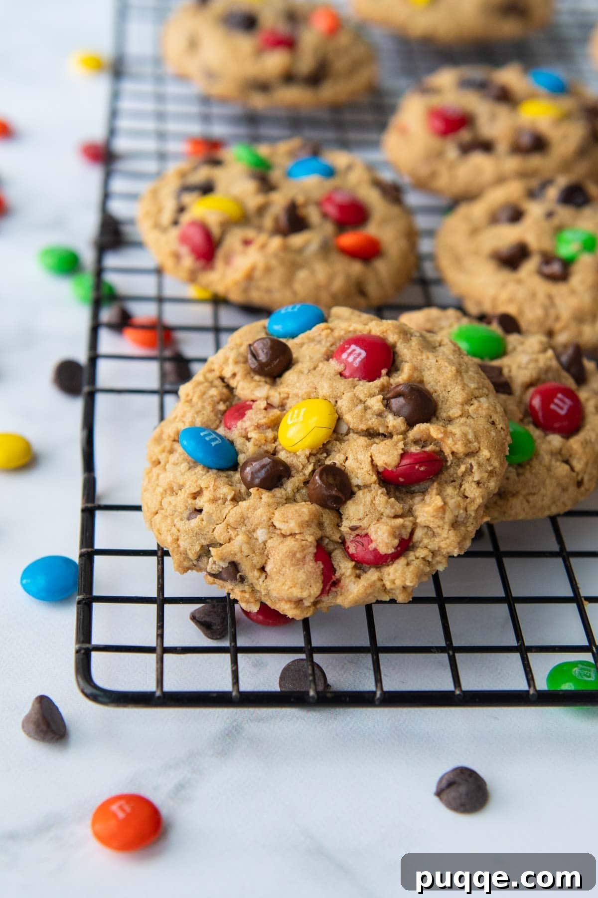 Pillowy Soft Flourless Gluten-Free Monster Cookies 6 A perfectly baked, soft monster cookie resting on a black cooling rack, with another cookie propped nearby, highlighting its chewy interior.