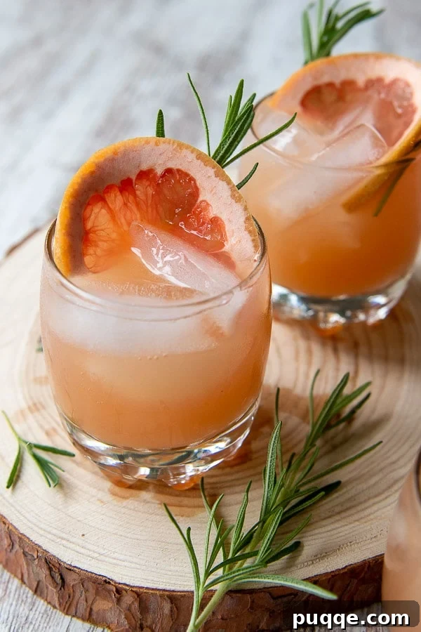Zesty Grapefruit Vodka Fizz 2 Two glistening glasses of Sparkling Ruby Red Grapefruit Vodka Cocktails garnished with fresh rosemary, sitting invitingly on a table.