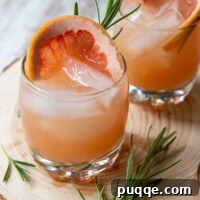 Zesty Grapefruit Vodka Fizz 4 Two glasses of sparkling grapefruit vodka cocktails with fresh rosemary next to them.