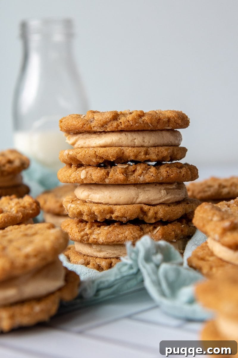 Double Peanut Butter Cookie Delights 2 A delightful stack of three golden-brown Peanut Butter Cookie Sandwiches, showcasing their soft texture and rich peanut butter filling, with a glass bottle of milk in the background.