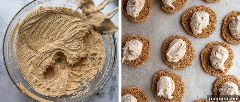 Double Peanut Butter Cookie Delights 4 A two-part image showing the process of making creamy peanut butter filling and then assembling the cookies by spreading the filling between two cookies.