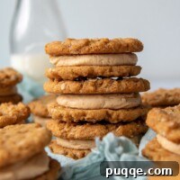 A stack of three cookie sandwiches with a milk bottle in background