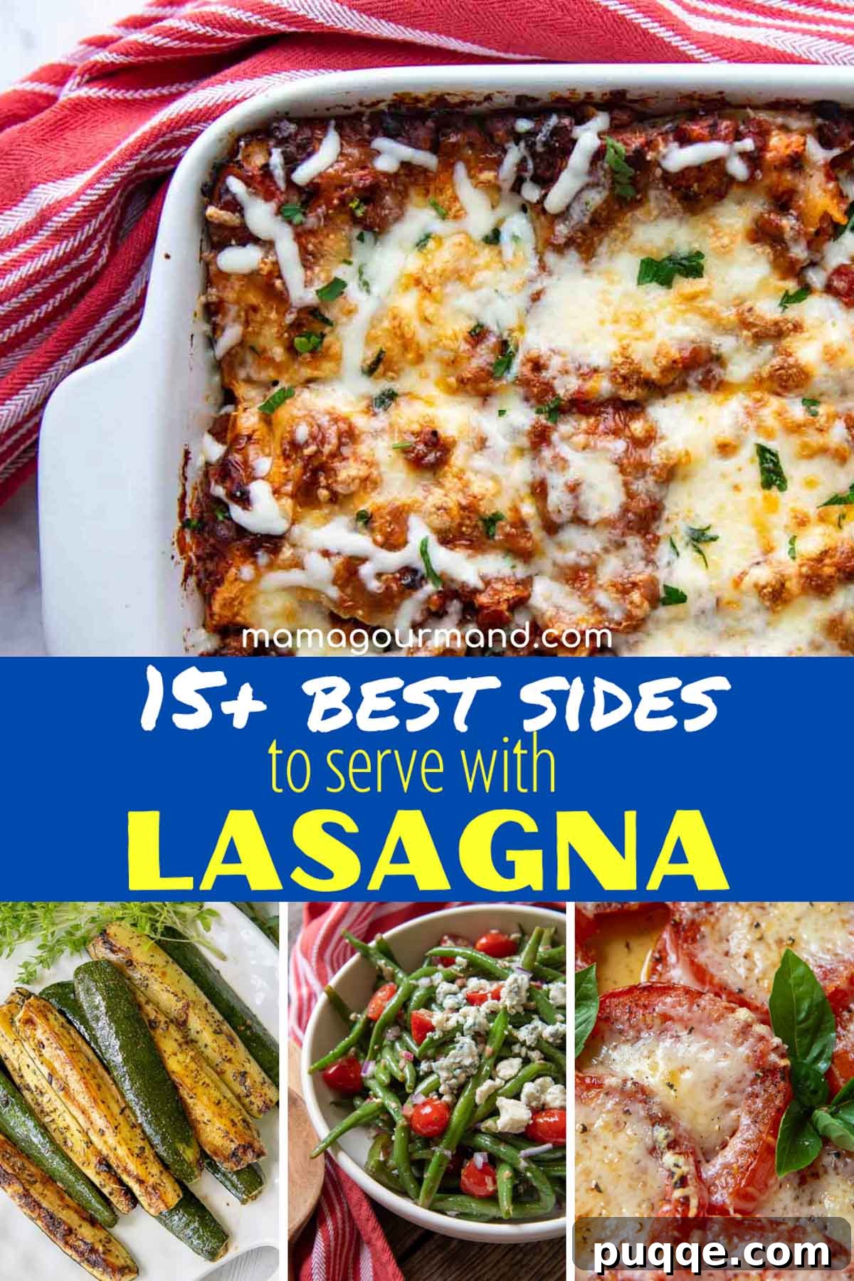 A perfectly baked lasagna dish surrounded by various tempting side dishes ready for serving.