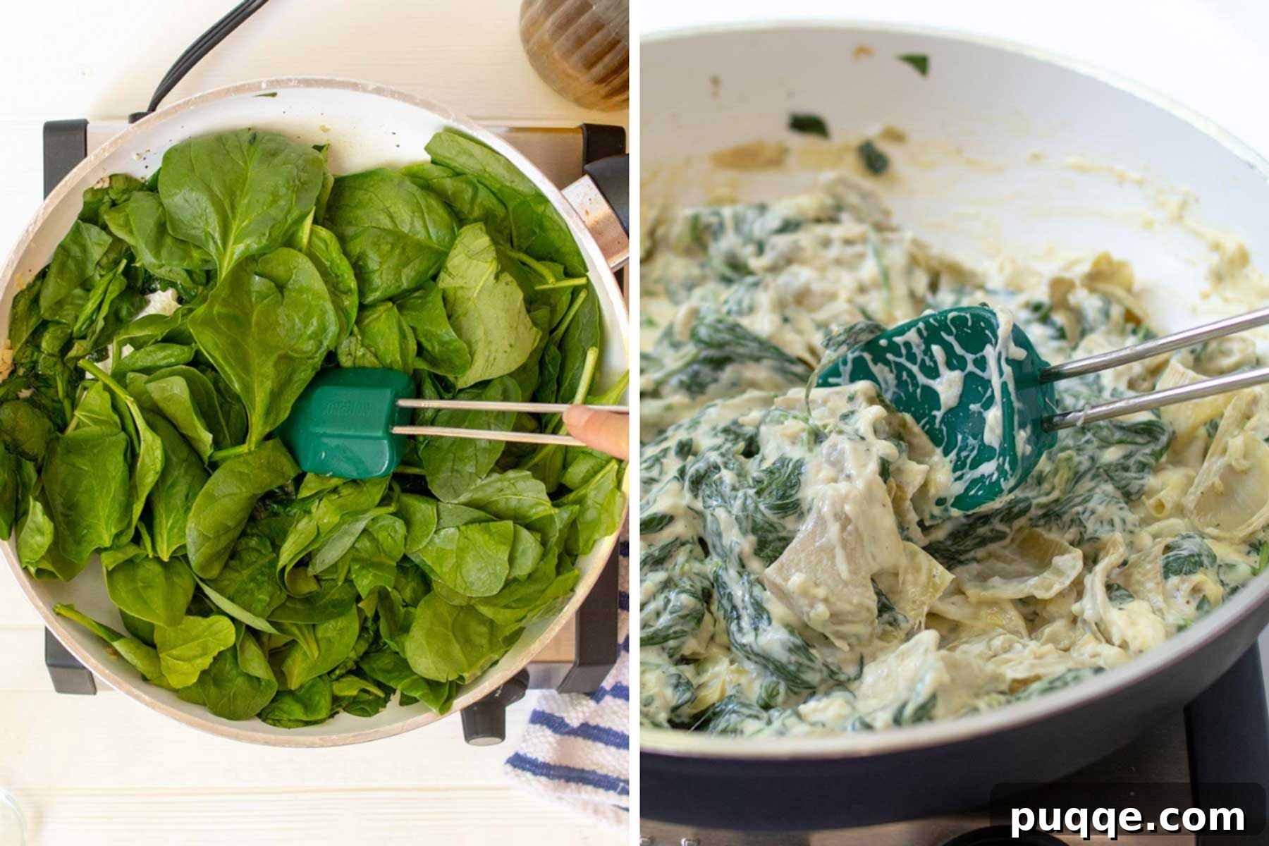 Images showing how to make the creamy spinach artichoke filling for inside the chicken.