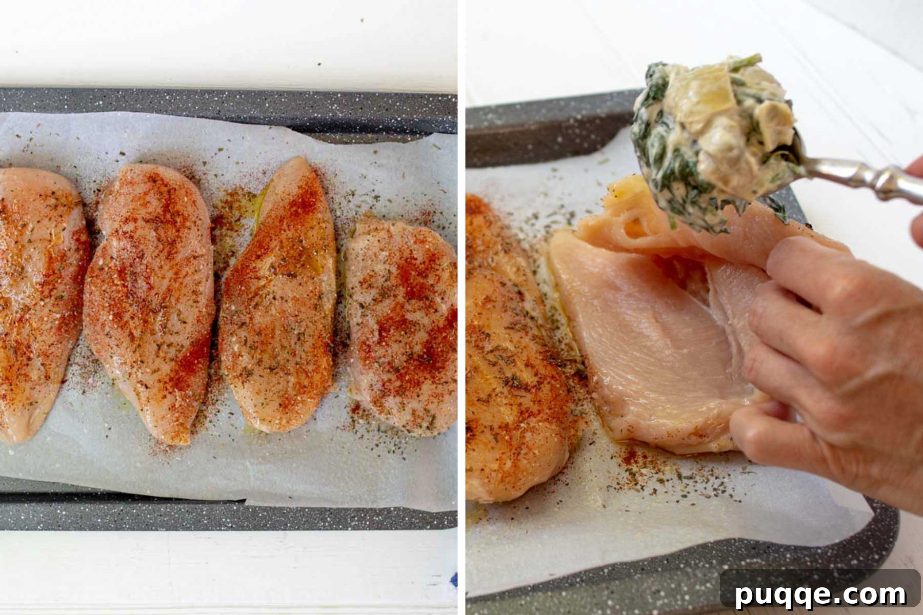 Images showing how to stuff the butterflied chicken breasts with the spinach artichoke mixture.
