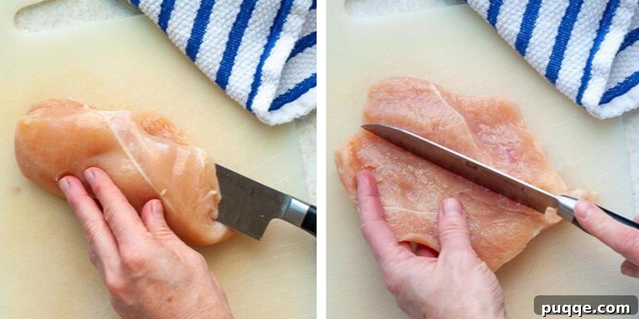 Images showing how to butterfly a chicken breast to create a pocket for stuffing.