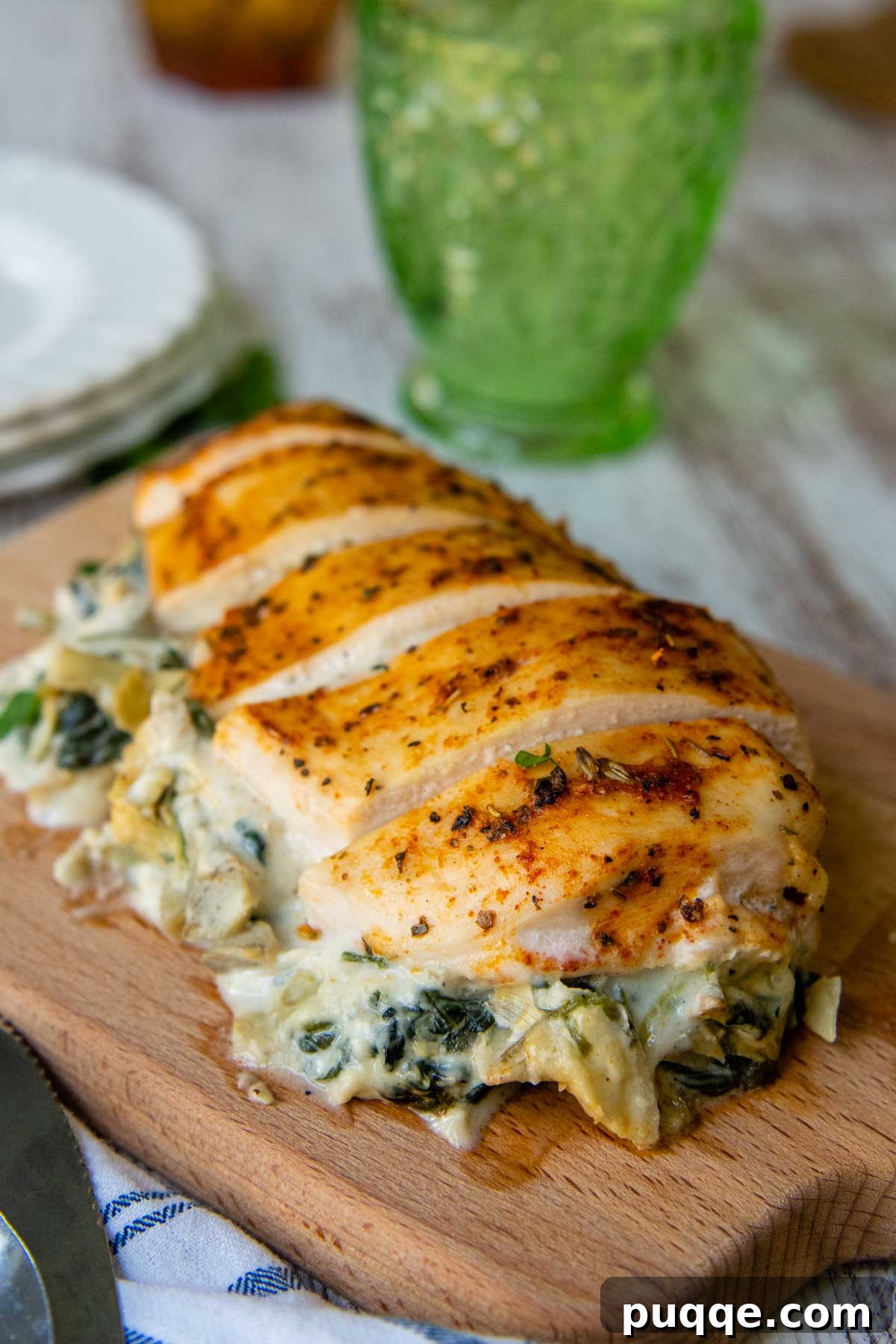 Overhead view of sliced chicken with creamy spinach and artichokes in the middle, ready to serve.