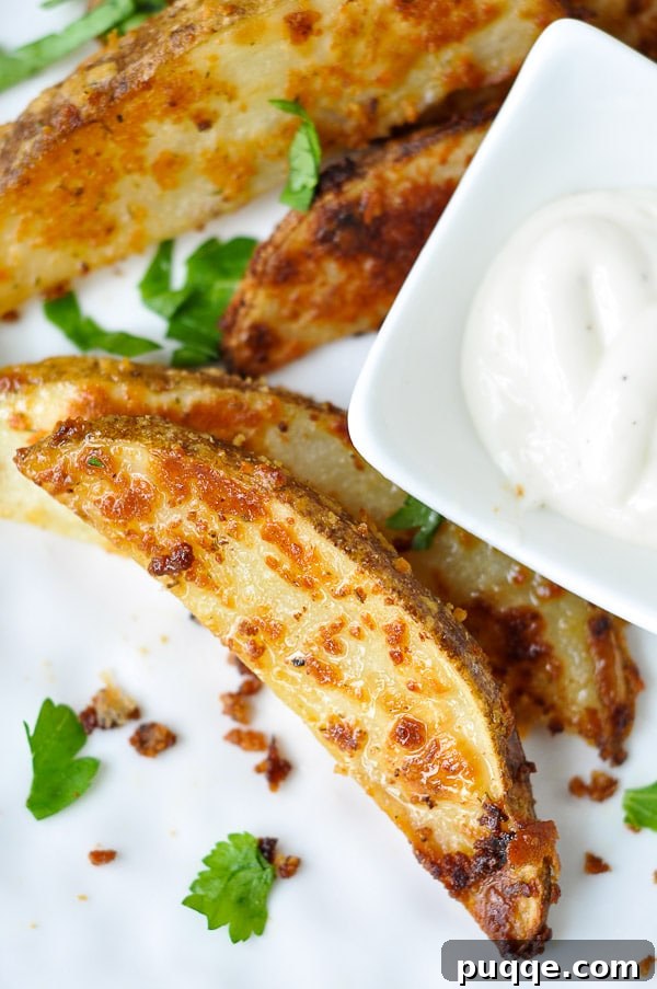 Plated ranch potatoes on a white dish with a small bowl of ranch dressing for dipping, showcasing their delicious appeal.