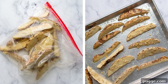 The second step, showing potato wedges being tossed with ranch seasoning and Parmesan cheese in a Ziploc bag.