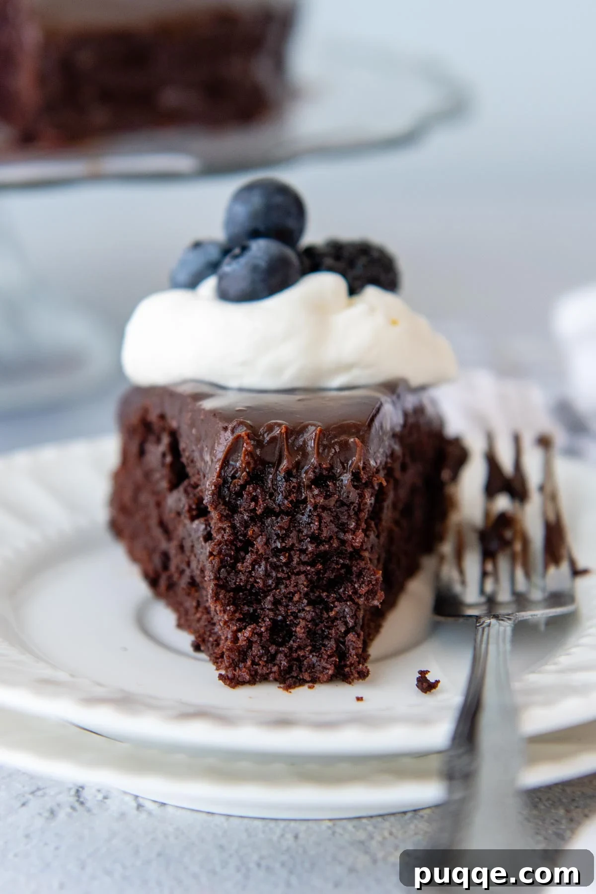 Decadent Almond Flour Chocolate Cake 2 a slice of almond flour cake with a bite taken out facing forward
