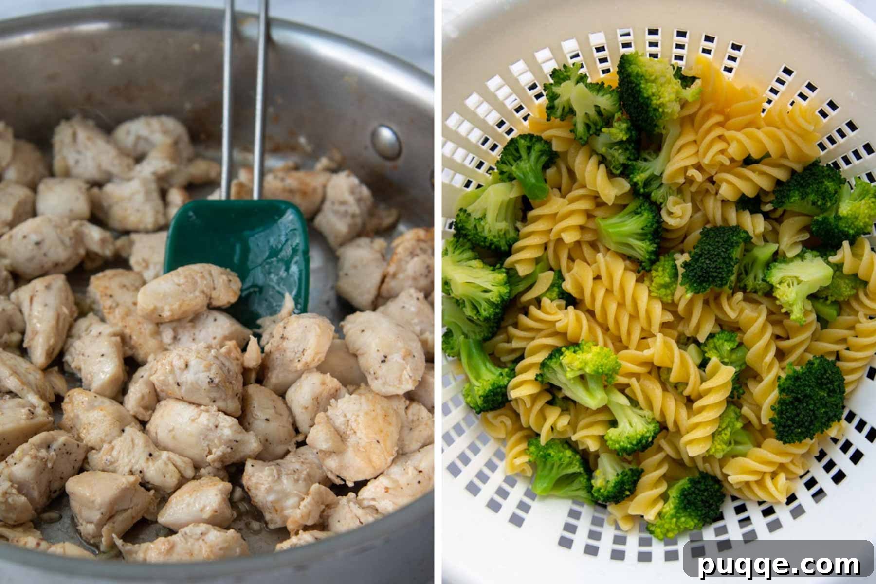 Hearty Chicken Broccoli Pasta Bake 3 images showing the cooked chicken, pasta, and broccoli prepared separately