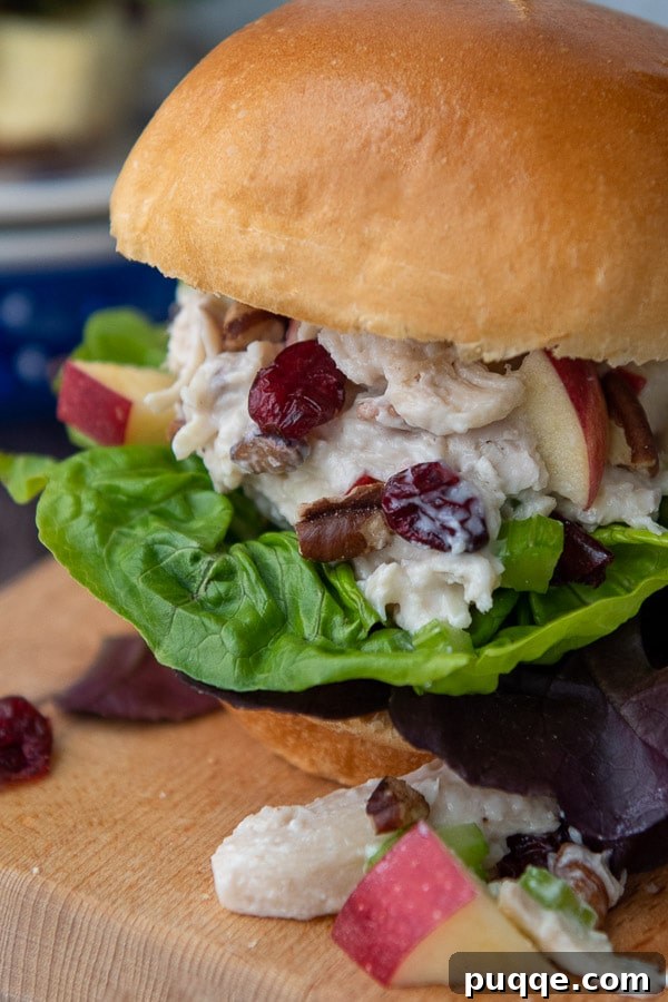 A delicious cranberry chicken salad sandwich on a bun, served on a rustic wooden cutting board.
