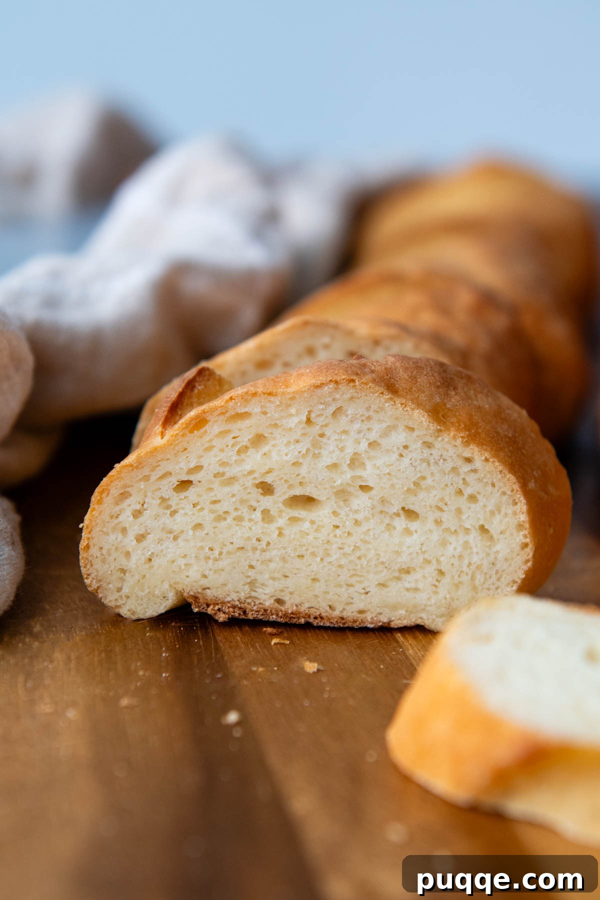 A freshly baked piece of gluten-free French bread on a wooden cutting board, showcasing its crusty exterior.