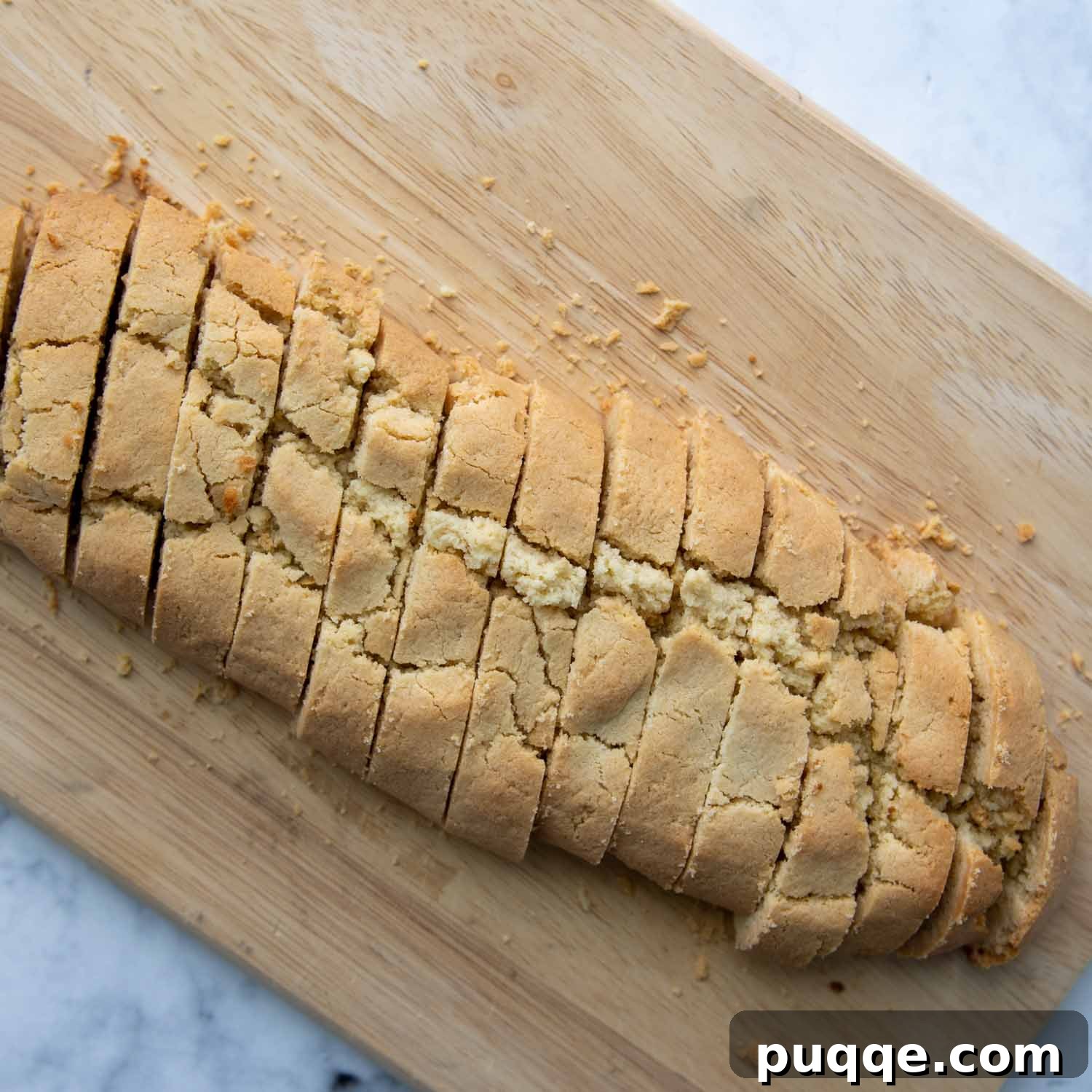 Perfectly diagonally sliced biscotti pieces arranged on a cutting board, ready for their second bake.