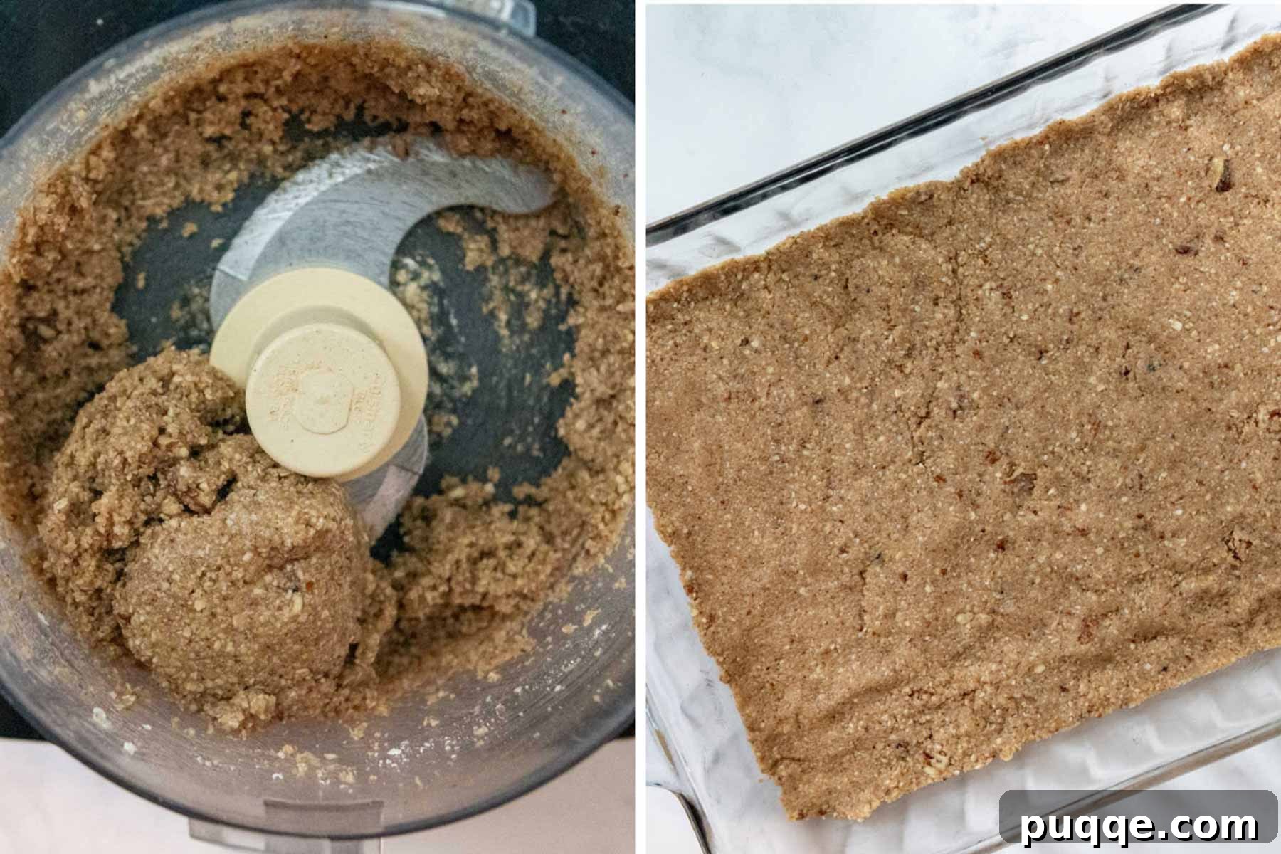 Images demonstrating the process of making the oat and pecan crust for butterscotch delight.