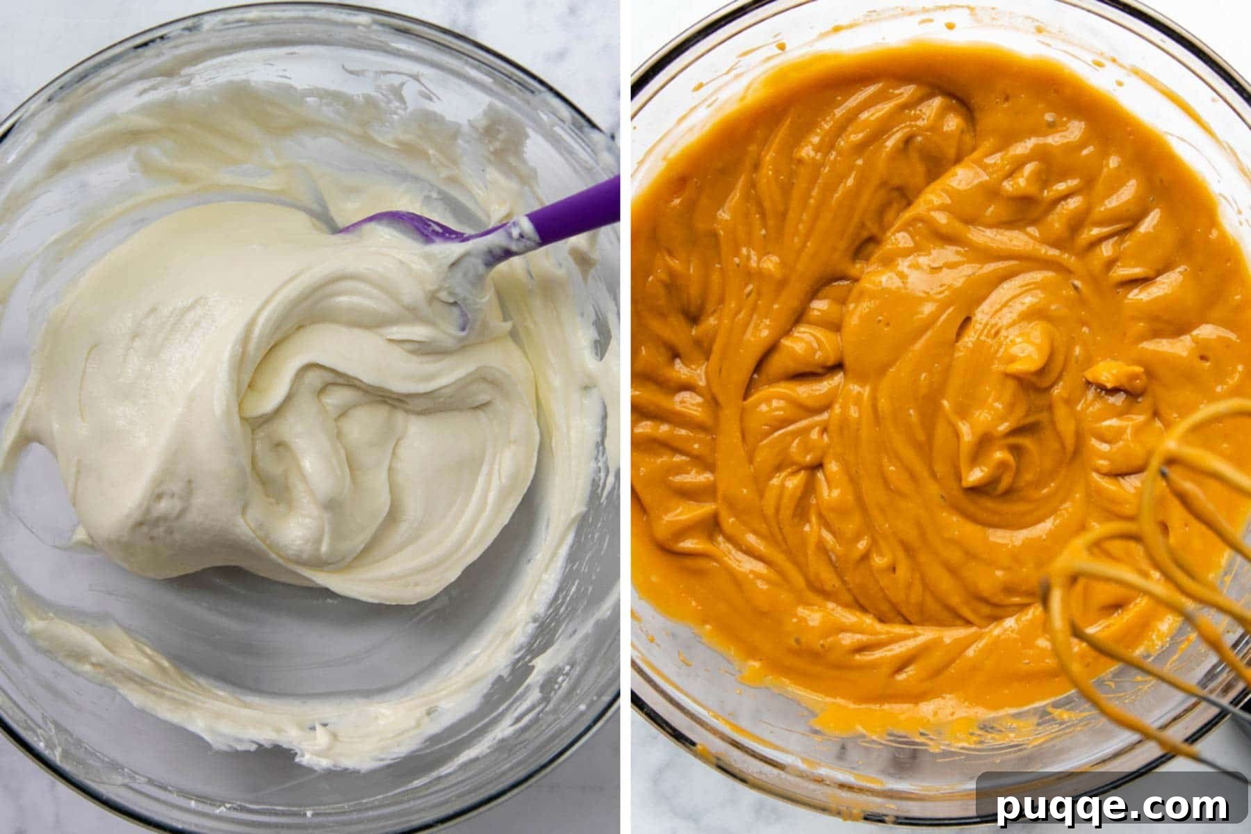 Images illustrating the preparation of the creamy cream cheese layer and the smooth butterscotch pudding layer.