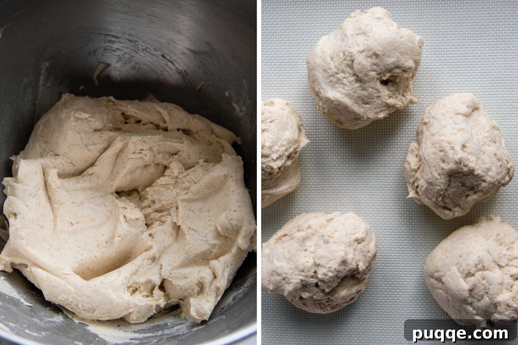 Effortless Soft & Chewy Gluten-Free Bagels 3 Sequential images demonstrating the process of making gluten-free bagel dough, mixing ingredients, and preparing for shaping.