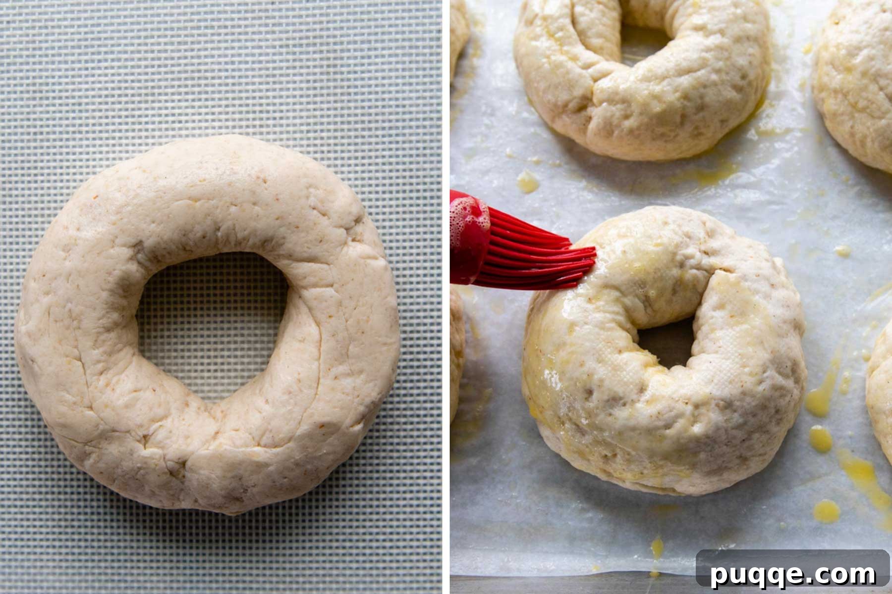 Effortless Soft & Chewy Gluten-Free Bagels 5 Shaped, unbaked gluten-free bagels brushed with egg wash and placed on a baking sheet, ready for rising and baking.