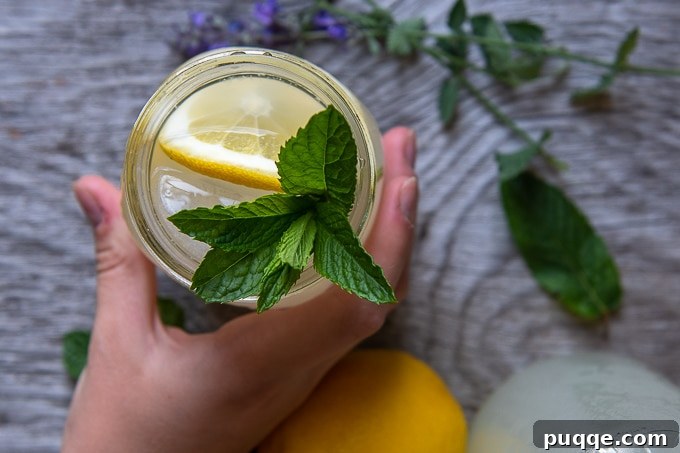 overhead shot of a hand grabbing a vodka lemonade with fresh mint garnishing glass