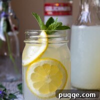 straight on shot of spiked lemonade with sliced lemons in a jar glasses