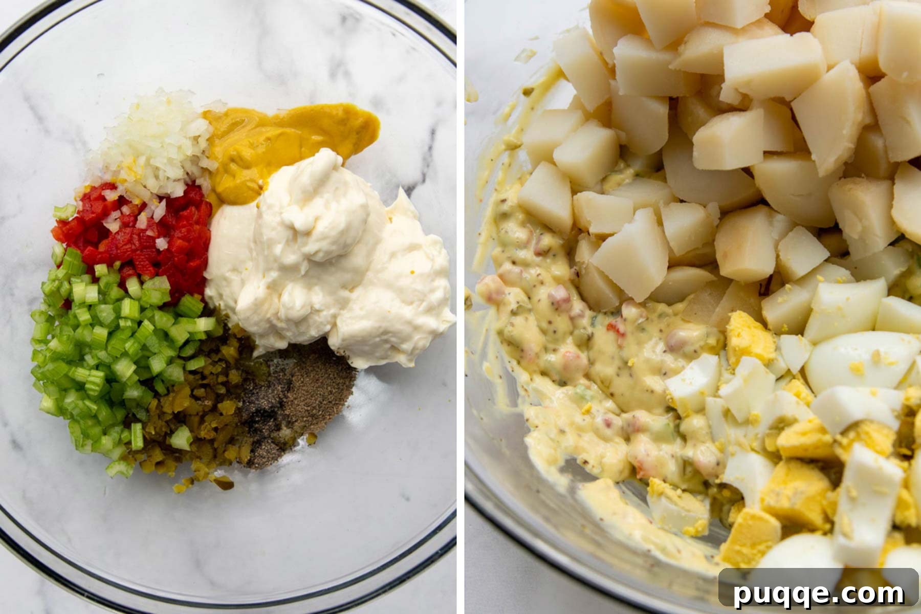 Wholesome Gluten-Free Amish Potato Salad 5 images showing how to mix together amish potato salad.