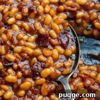 A close-up of an antique spoon scooping gluten-free baked beans from a dish.