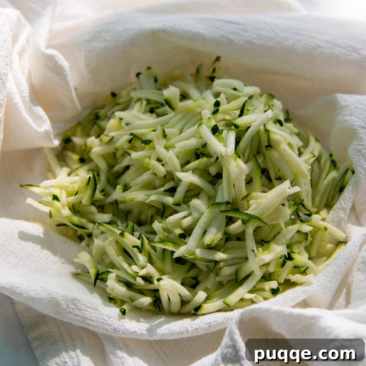 Grated zucchini being squeezed dry in a white dish towel.