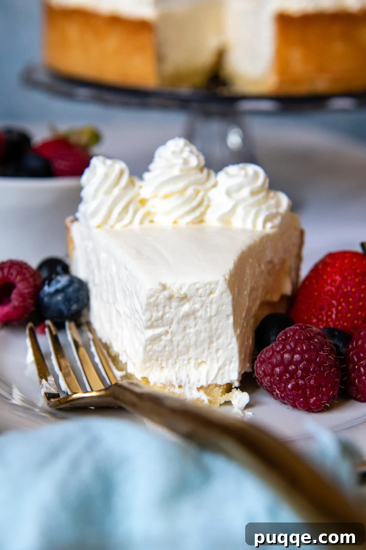 Quick Dreamy Gluten Free No Bake Cheesecake 2 A perfectly sliced no-bake gluten-free cheesecake with a bite taken out, revealing its creamy texture.