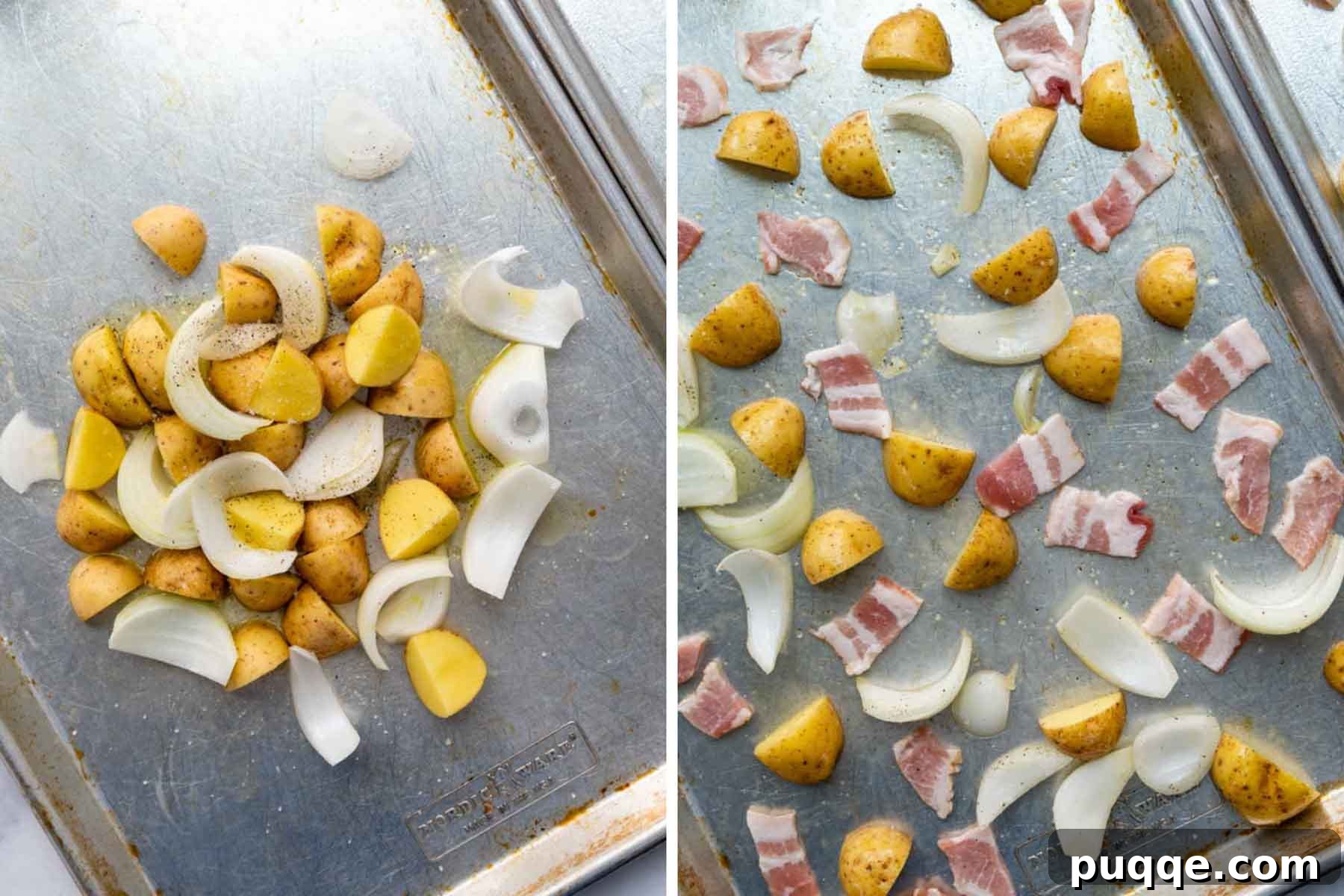Step-by-step image showing quartered potatoes, chopped raw bacon, and onion wedges spread on a baking sheet before roasting.