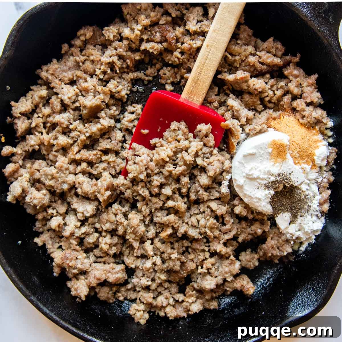 Effortless 10-Minute Gluten-Free Sausage Gravy 3 Browned sausage crumbles coated in gluten-free flour and seasonings in a skillet, forming the base for the gravy.