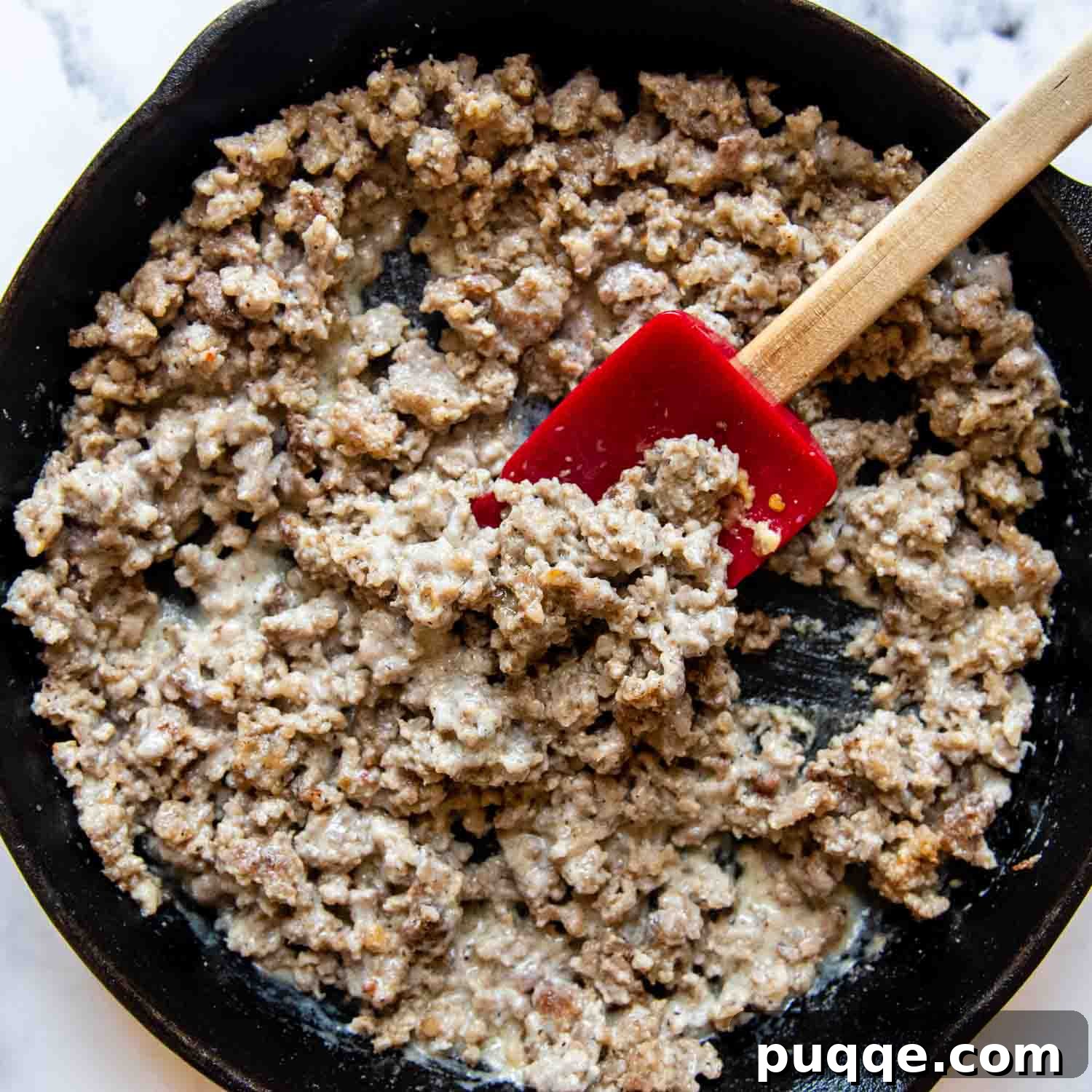 Effortless 10-Minute Gluten-Free Sausage Gravy 4 Sausage crumbles coated in a thick, creamy white sauce, actively thickening in the skillet.
