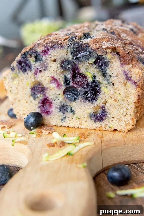 A sliced loaf of moist blueberry zucchini bread on a wooden cutting board.