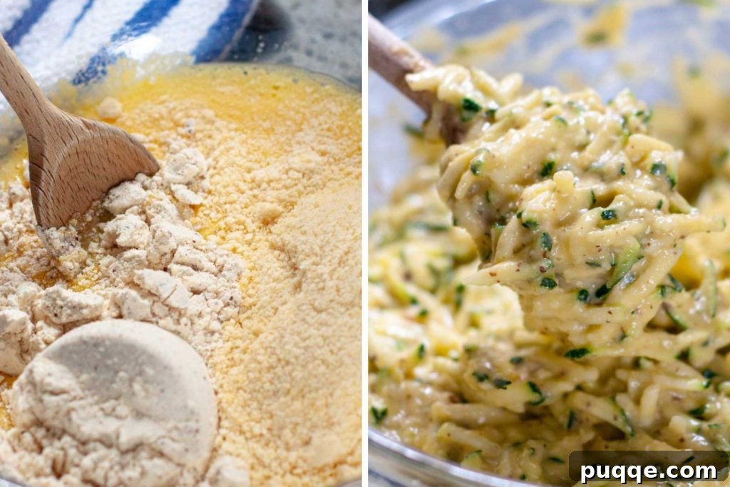 A series of step-by-step images illustrating the process of making gluten-free zucchini fritters, from grating the zucchini to mixing the batter and preparing it for cooking.