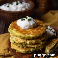 A stack of golden zucchini fritters rests on a wooden plate, accented by a decorative gold napkin underneath.