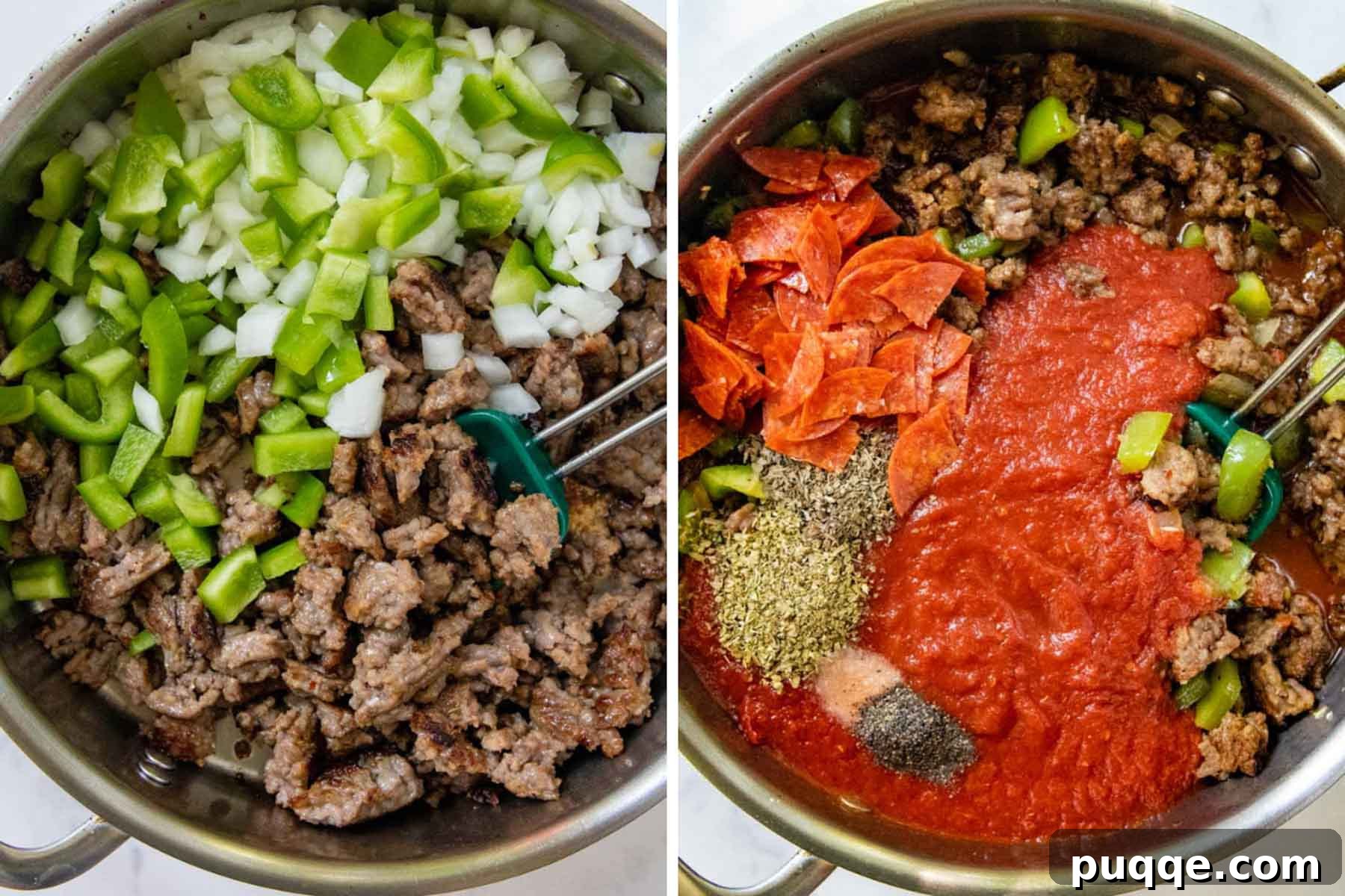 Speedy Supreme Skillet Pizza Pasta 3 A collage of process images demonstrating how to cook the sausage and vegetables for the pizza pasta skillet.