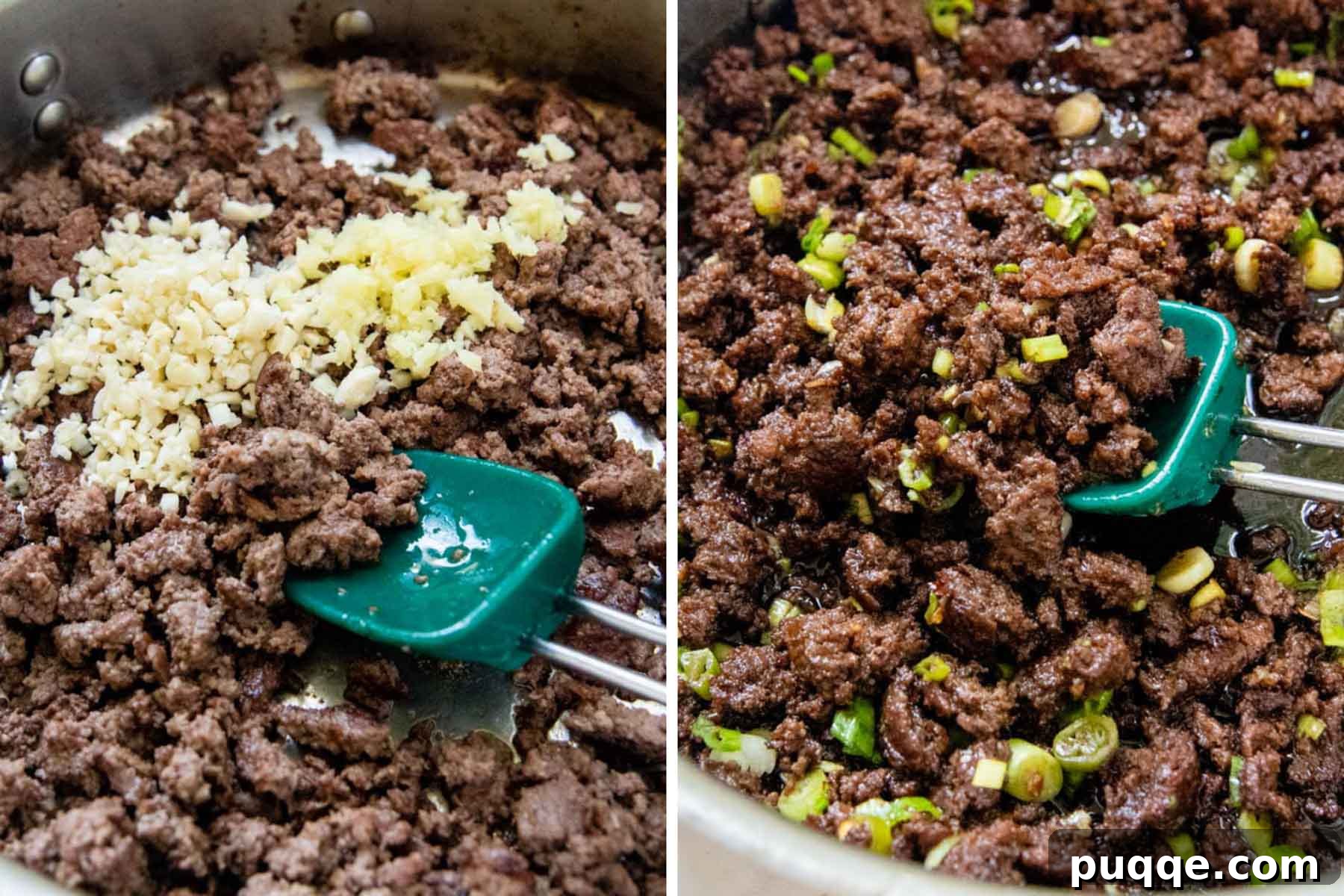 Flavorful Gluten-Free Korean Ground Beef Bulgogi 4 images showing the step-by-step process of making Korean beef bowls, from browning the beef to simmering the sauce.
