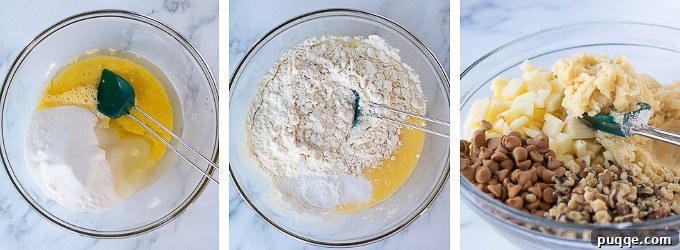 Step-by-step image of mixing wet ingredients for apple blondie bars: eggs, sugar, and oil in a large bowl.