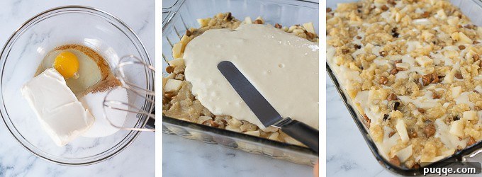 Step-by-step image showing dry ingredients, fresh diced apples, butterscotch chips, and chopped nuts being folded into the thick blondie mixture.