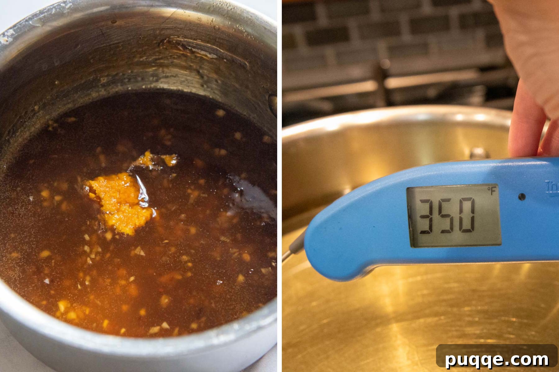 Images showing the process of combining ingredients for the orange sauce and heating oil in a skillet.