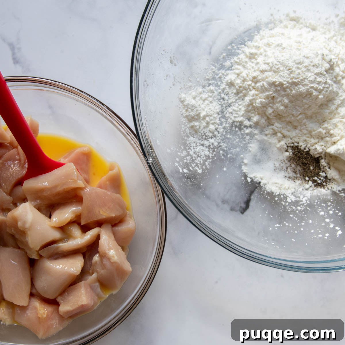 Images showing chicken pieces being prepared for breading in separate bowls for egg wash and dry flour mixture.