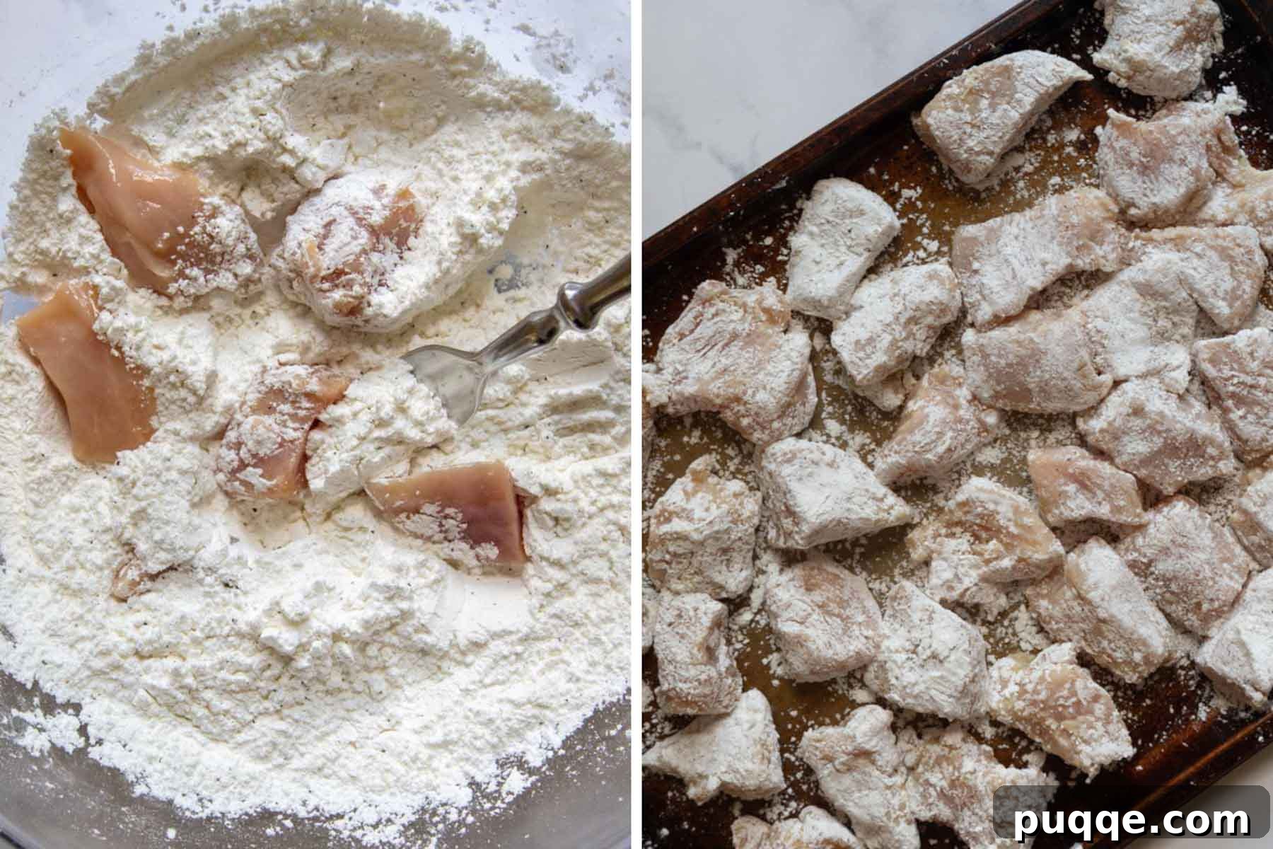Images showing how to evenly bread chicken pieces with the gluten-free flour mixture.