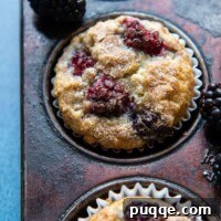 close up of the top of the blackberry muffin, showcasing its golden-brown crust.