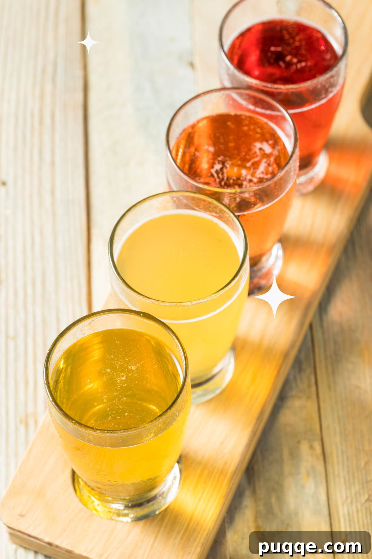 A rustic wooden tray displaying various small glasses of hard apple cider, suggesting a tasting session.